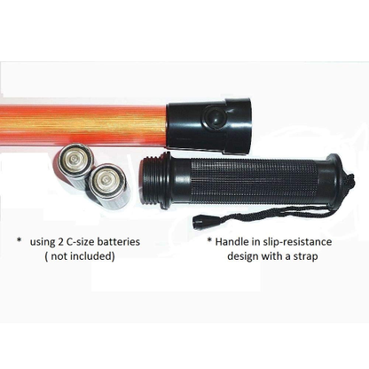 Traffic Safety Baton Light in 6 Red LED with Two Flashing Modes (Blinking and Steady-Glow) uses 2 C-Size Battery.
