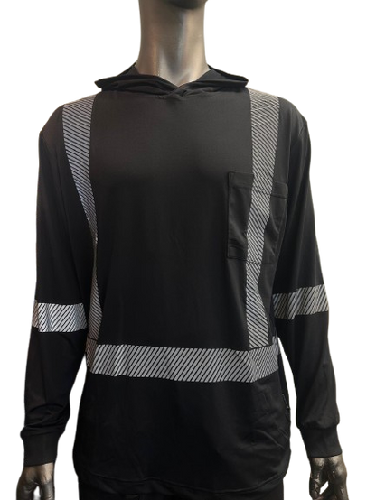 Forcefield Black Hi-Vis Safety Hoodie – Lightweight Long Sleeve with Reflective Stripes & Front Chest Pocket