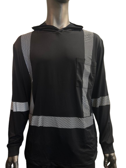 Forcefield Black Hi-Vis Safety Hoodie – Lightweight Long Sleeve with Reflective Stripes & Front Chest Pocket