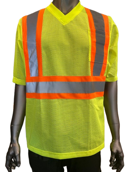 High-Visibility Safety Work Shirt – Yellow Mesh, Short Sleeve, Reflective Tape, Fluorescent Yellow Trim, Breathable Fabric, with Front Pocket & Pen Slot