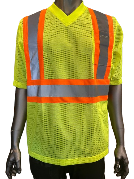 High-Visibility Safety Work Shirt – Yellow Mesh, Short Sleeve, Reflective Tape, Fluorescent Yellow Trim, Breathable Fabric, with Front Pocket & Pen Slot