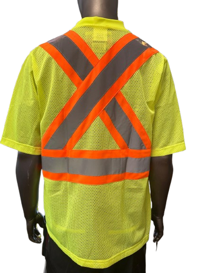 High-Visibility Safety Work Shirt – Yellow Mesh, Short Sleeve, Reflective Tape, Fluorescent Yellow Trim, Breathable Fabric, with Front Pocket & Pen Slot