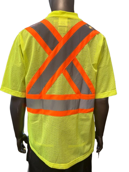 High-Visibility Safety Work Shirt – Yellow Mesh, Short Sleeve, Reflective Tape, Fluorescent Yellow Trim, Breathable Fabric, with Front Pocket & Pen Slot