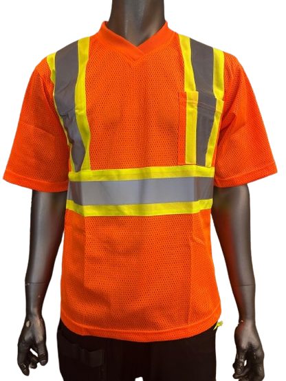 High-Visibility Safety Work Shirt – Orange Mesh, Short Sleeve, Reflective Tape, Fluorescent Yellow Trim, Breathable Fabric, with Front Pocket & Pen Slot