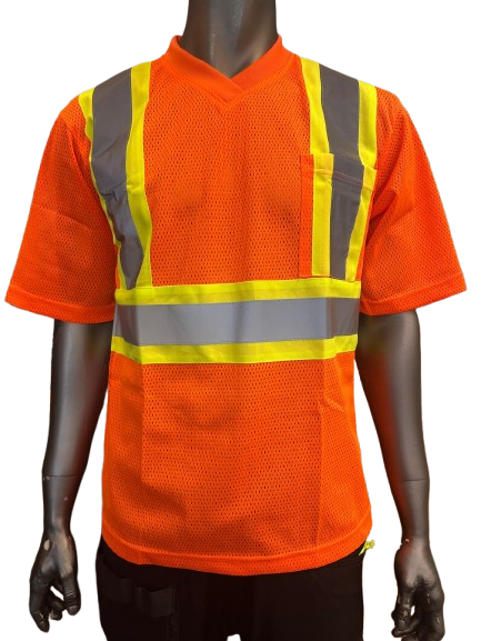 High-Visibility Safety Work Shirt – Orange Mesh, Short Sleeve, Reflective Tape, Fluorescent Yellow Trim, Breathable Fabric, with Front Pocket & Pen Slot