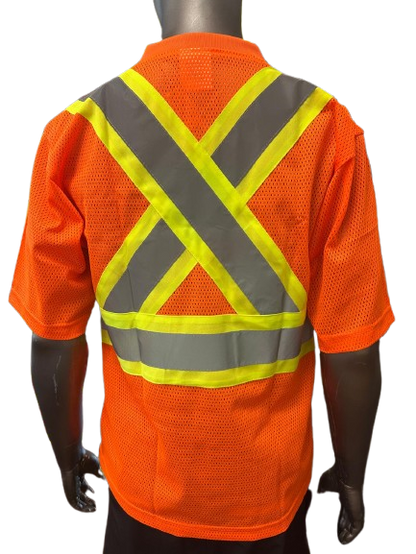 High-Visibility Safety Work Shirt – Orange Mesh, Short Sleeve, Reflective Tape, Fluorescent Yellow Trim, Breathable Fabric, with Front Pocket & Pen Slot