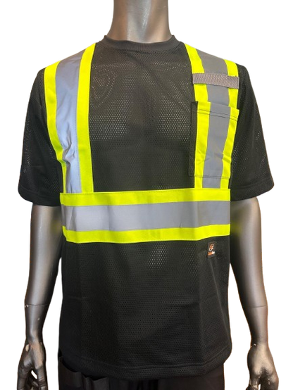 High-Visibility Safety Work Shirt – Black Mesh, Short Sleeve, Reflective Tape, Fluorescent Yellow Trim, Breathable Fabric, with Front Pocket & Pen Slot
