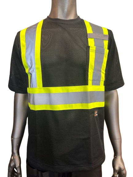 High-Visibility Safety Work Shirt – Black Mesh, Short Sleeve, Reflective Tape, Fluorescent Yellow Trim, Breathable Fabric, with Front Pocket & Pen Slot