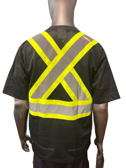 High-Visibility Safety Work Shirt – Black Mesh, Short Sleeve, Reflective Tape, Fluorescent Yellow Trim, Breathable Fabric, with Front Pocket & Pen Slot