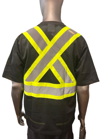 High-Visibility Safety Work Shirt – Black Mesh, Short Sleeve, Reflective Tape, Fluorescent Yellow Trim, Breathable Fabric, with Front Pocket & Pen Slot